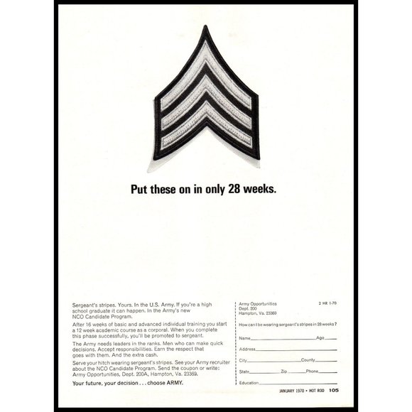 1970 US Army Recruiter Recruiting Vintage Print Ad Sergeants Stripes Wall Art - Picture 1 of 1